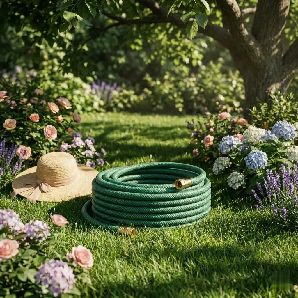 1/2 inch garden hose coiled on a patio