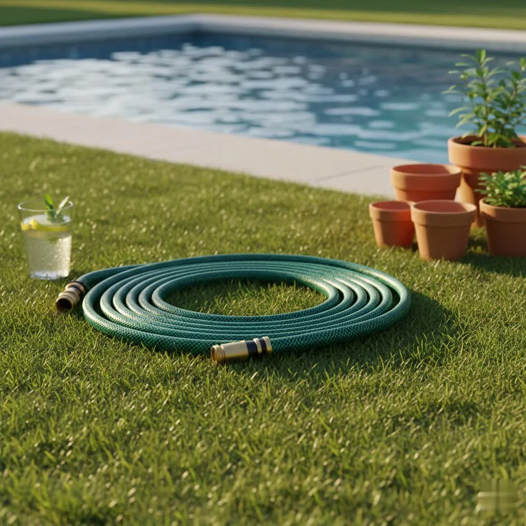 Stainless steel metal garden hose coiled on a lawn