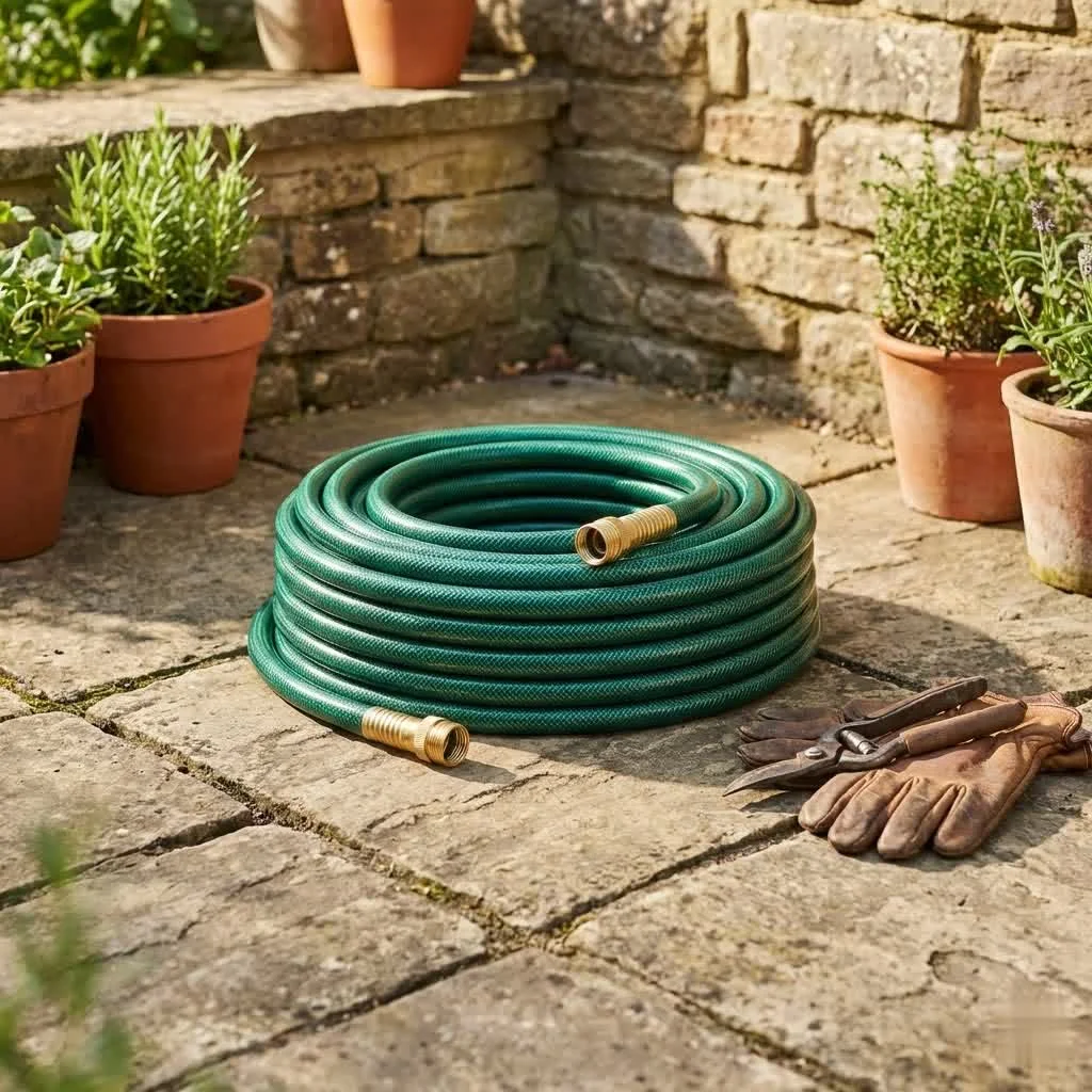 Green flexible garden hose coiled on a lawn