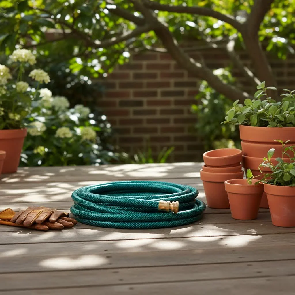 Garden hose reel with a neatly coiled hose