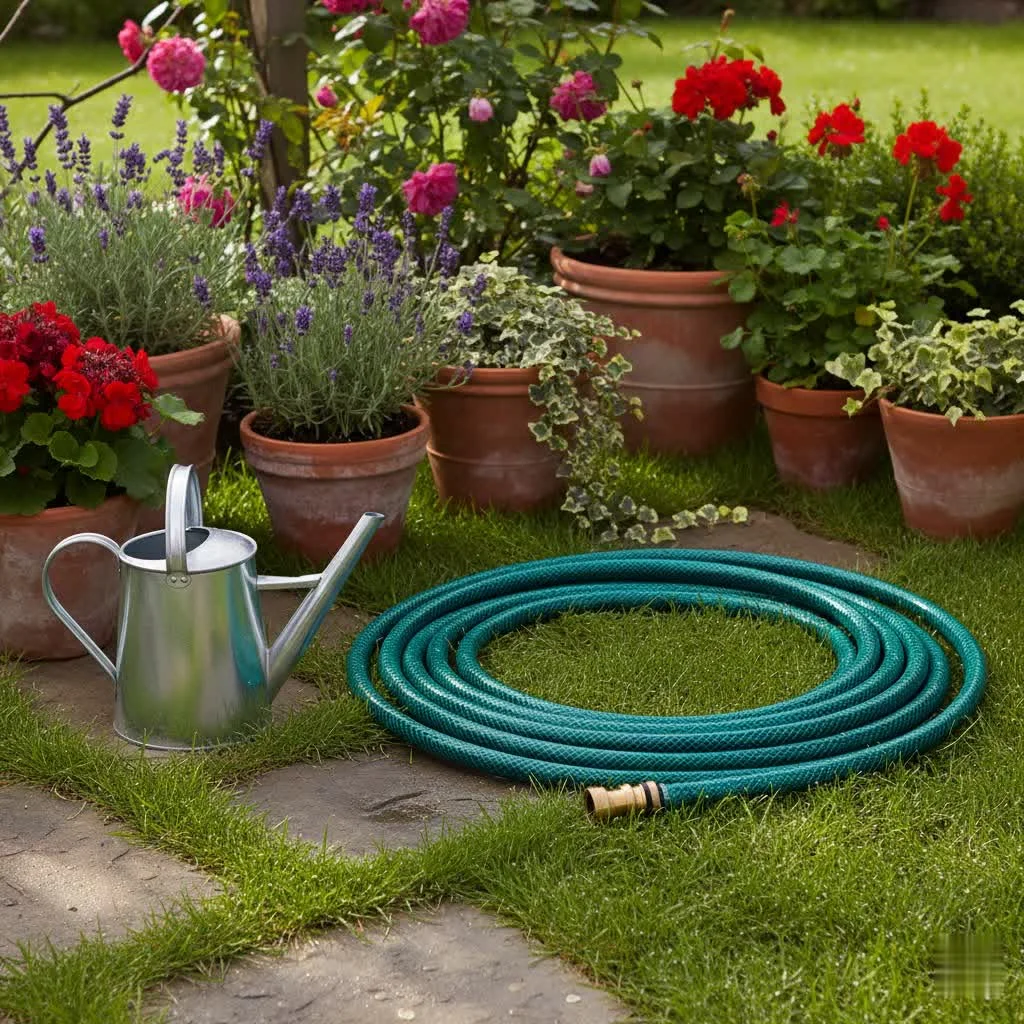 Expandable garden hose fully extended in a green garden