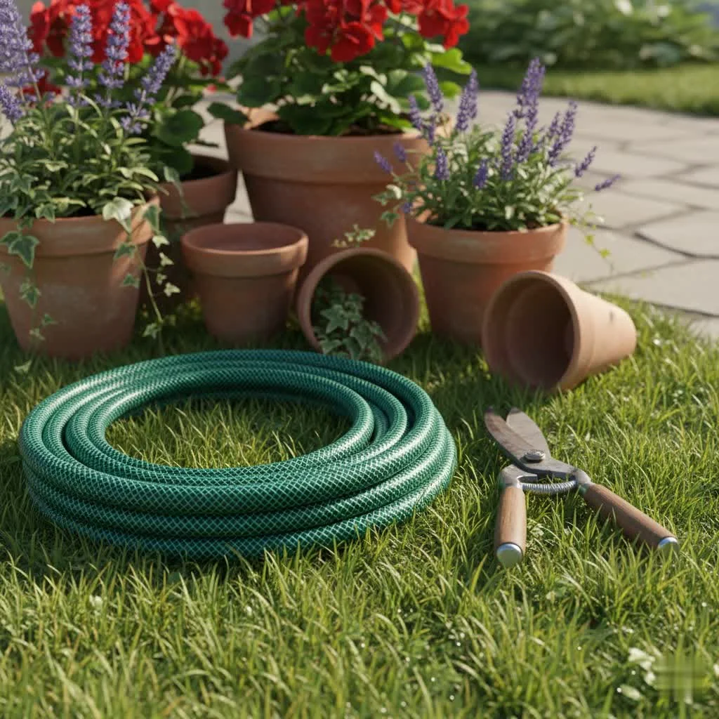 Flexzilla garden hose laying flat on a lawn