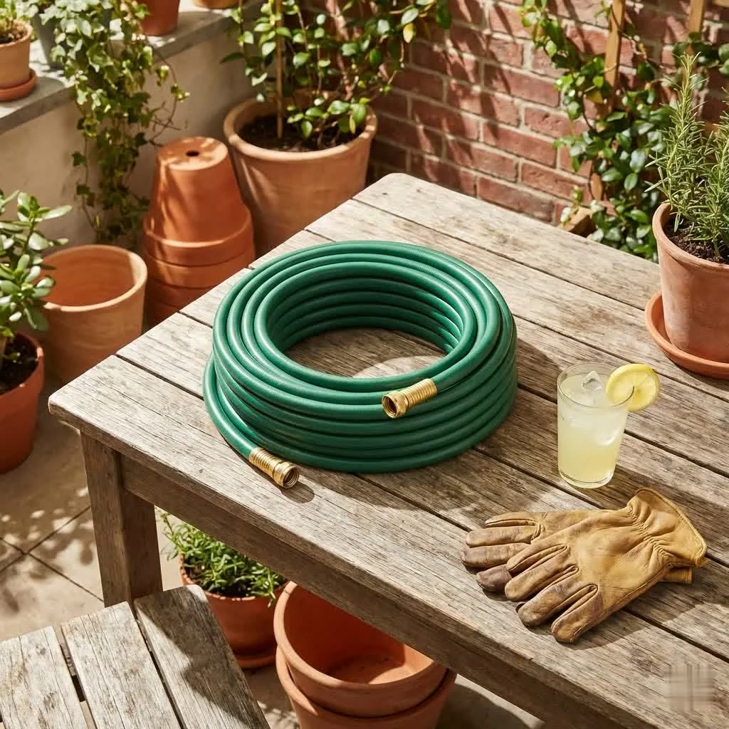 A person watering plants with a green garden hose
