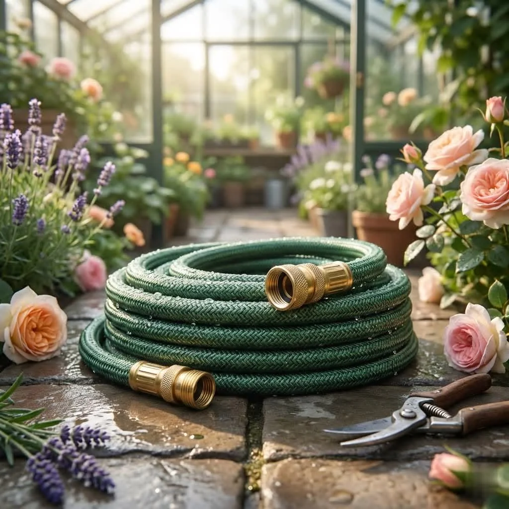 A neatly coiled garden hose on a wall-mounted reel