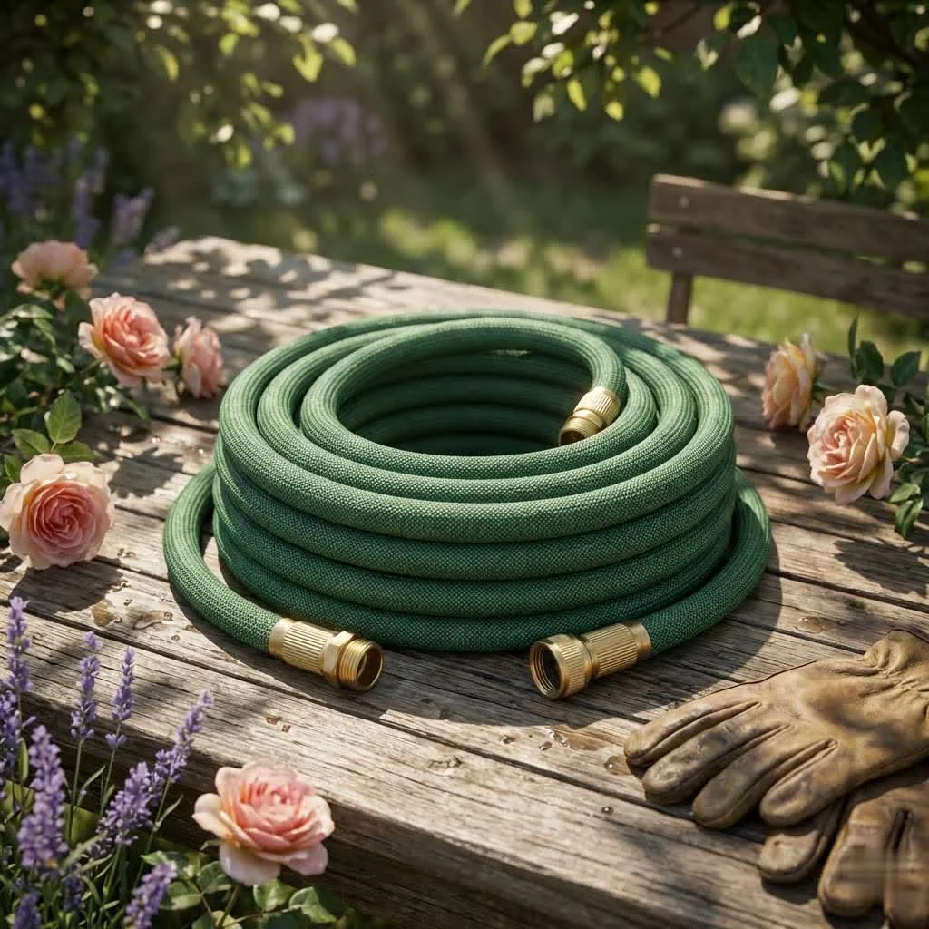 Garden hose sprinkler watering a lush green lawn