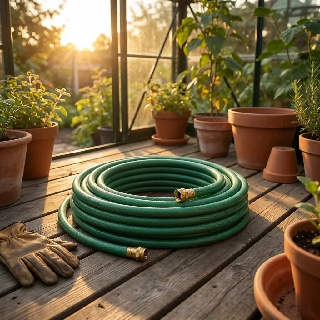 Close-up of a gardener watering plants with a green garden hose